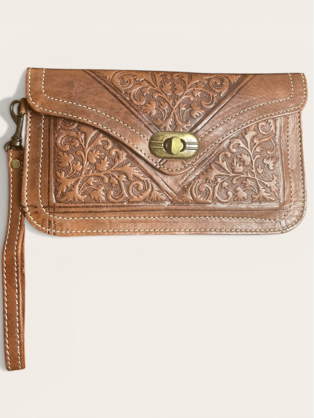 Tooled Leather Wristlet Wallet Clutch Brown Floral Embossed